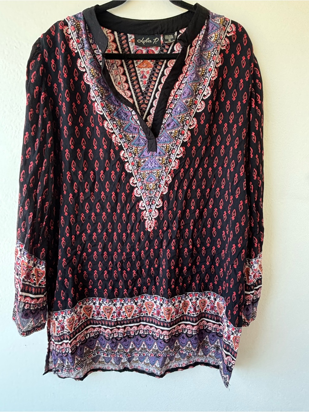 Lola P. Black Tunic Top with Red and Purple Boho Print